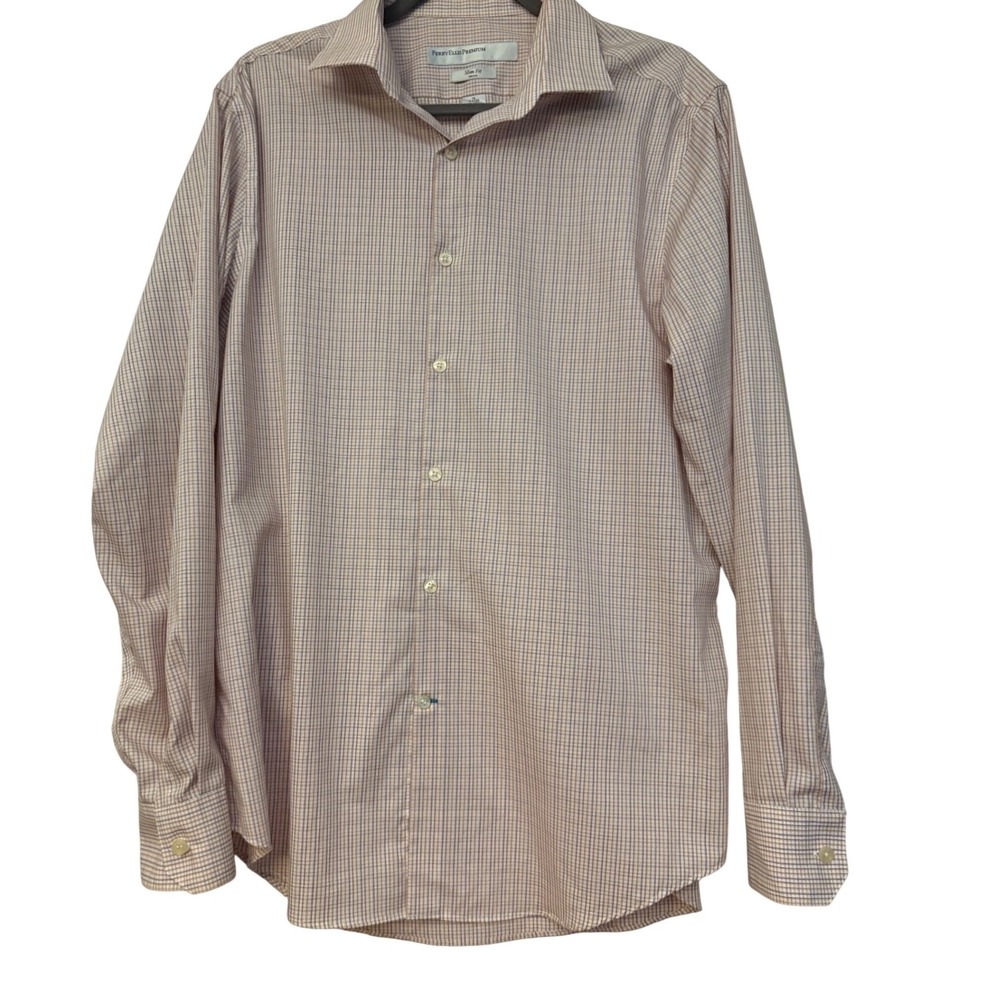 Perry Ellis Premium Mens Slim Fit Non Iron Dress Shirt 16 34/35 Check Stretch
